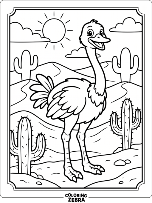 An ostrich in the desert with sand dunes and cacti