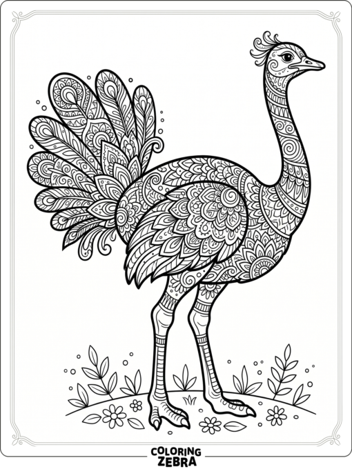 An ostrich filled with mandala patterns in its feathers
