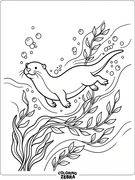 An otter swimming through water with bubbles