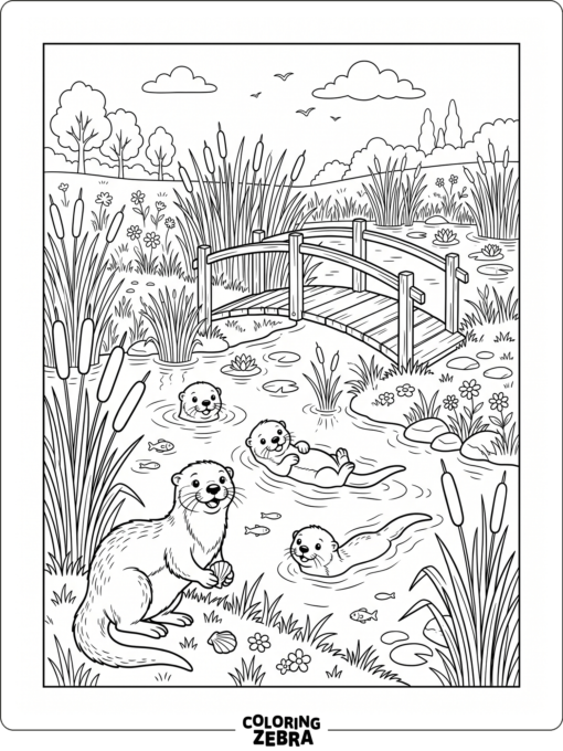 A family of otters near a pond and bridge