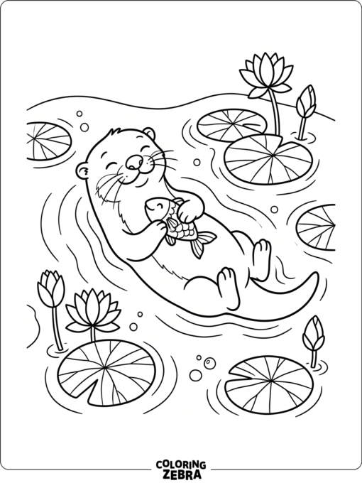 An otter floating near lily pads and a fish