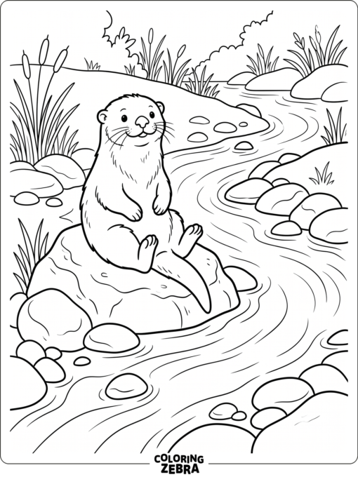 An otter sitting on a rock near a stream