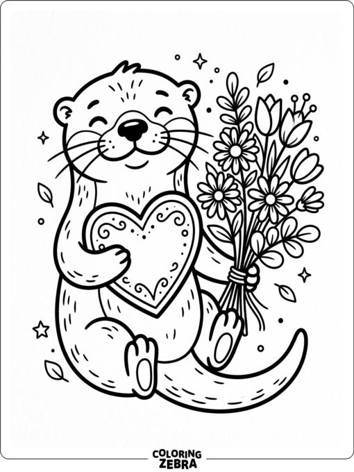 An otter holding a heart beside flowers