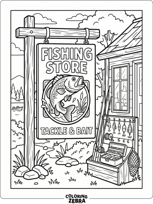 A fishing shop sign with a bass logo