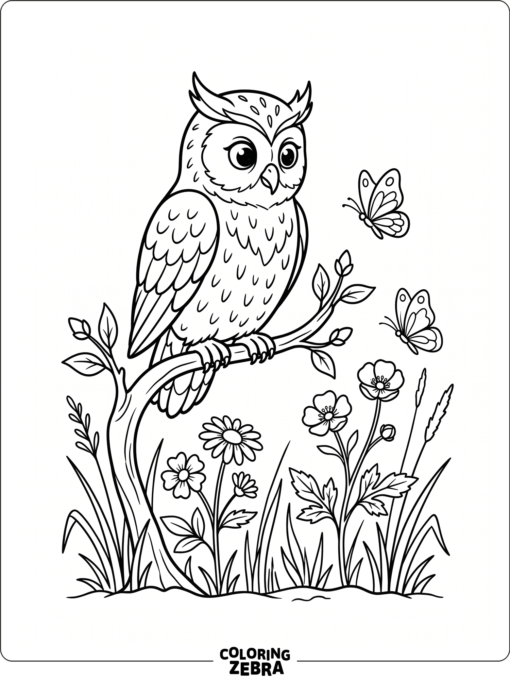 An owl looking at a butterfly near flowers