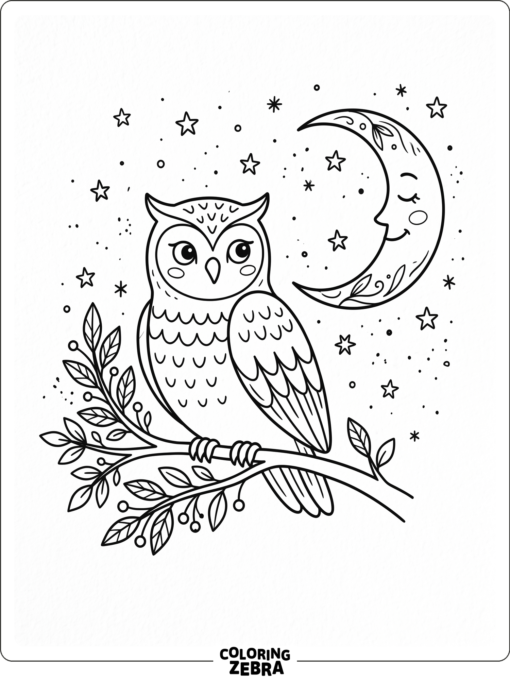 An owl beside a crescent moon and stars