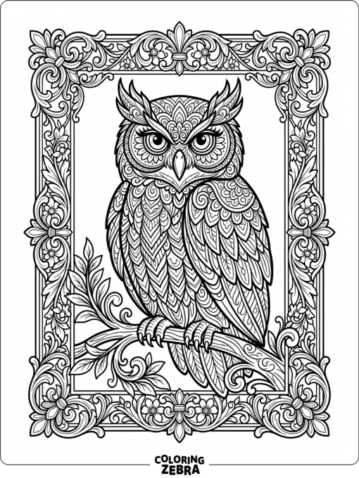An owl with ornate feathers in a decorative frame