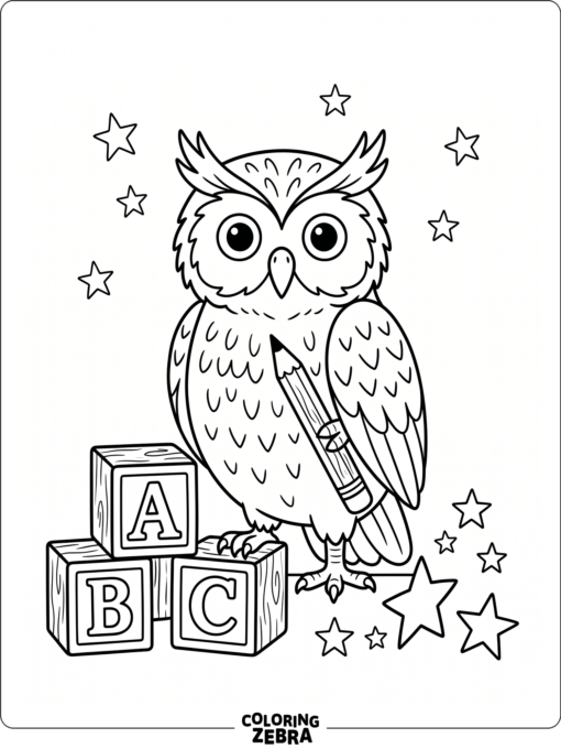 An owl with a pencil beside alphabet blocks
