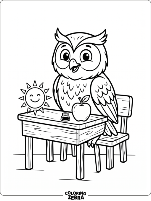 A smiling owl with a sun and apple on a desk