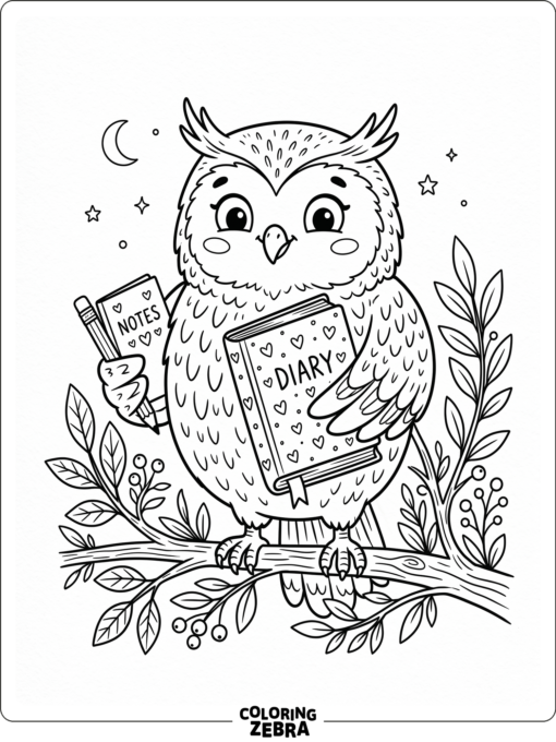 An owl holding a diary with hearts and a notebook