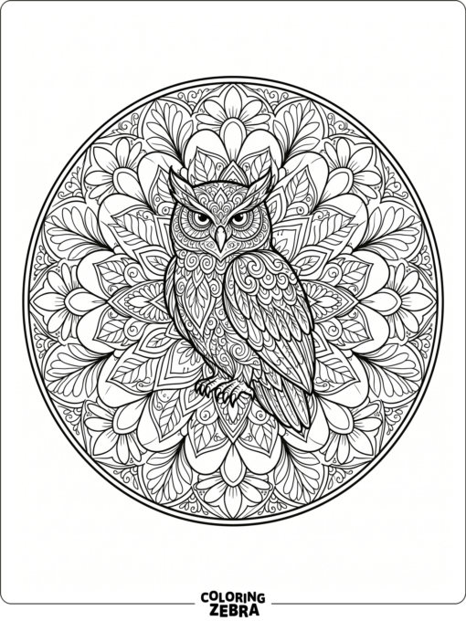 An owl in a circular mandala with petals