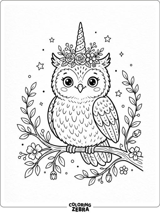 An owl with a unicorn horn and flower crown