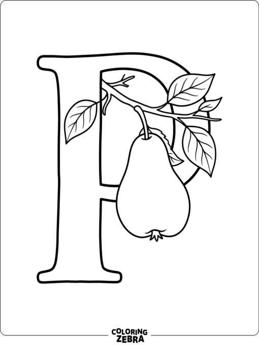 A letter P with a pear hanging from a branch