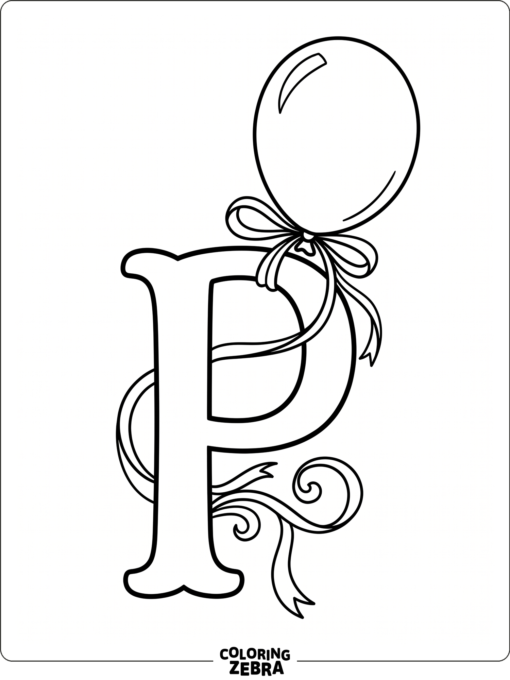 A plain letter P with a balloon and ribbon