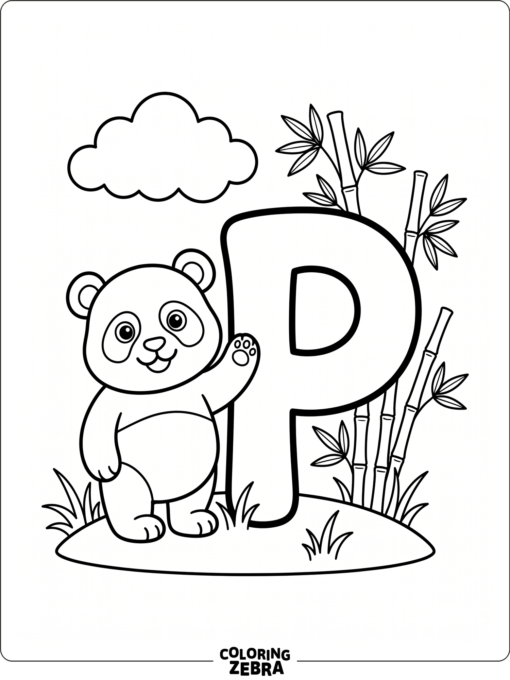 A panda beside the letter P and bamboo