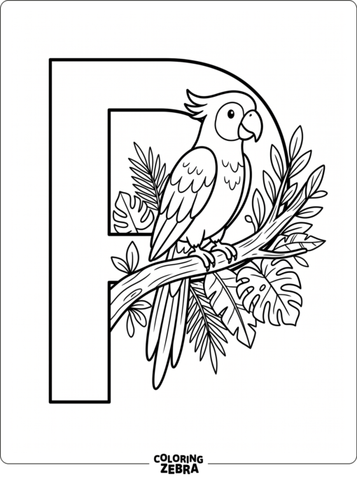 A letter P with a parrot on a branch