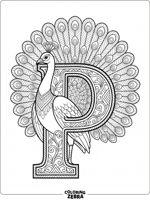A letter P with a peacock showing a wide fan of feathers