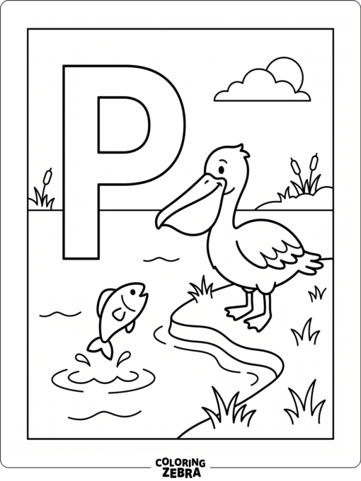 A letter P with a pelican by the water