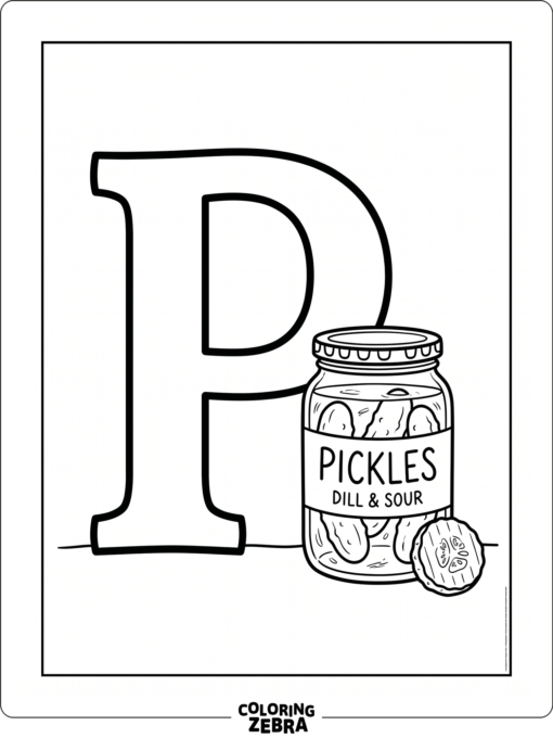 A letter P with a pickle jar and a pickle slice