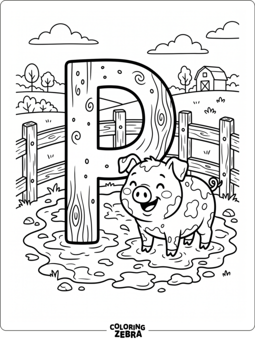 A letter P with a pig standing in mud