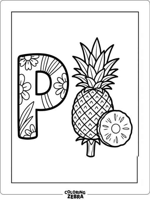 A letter P with a pineapple and slice