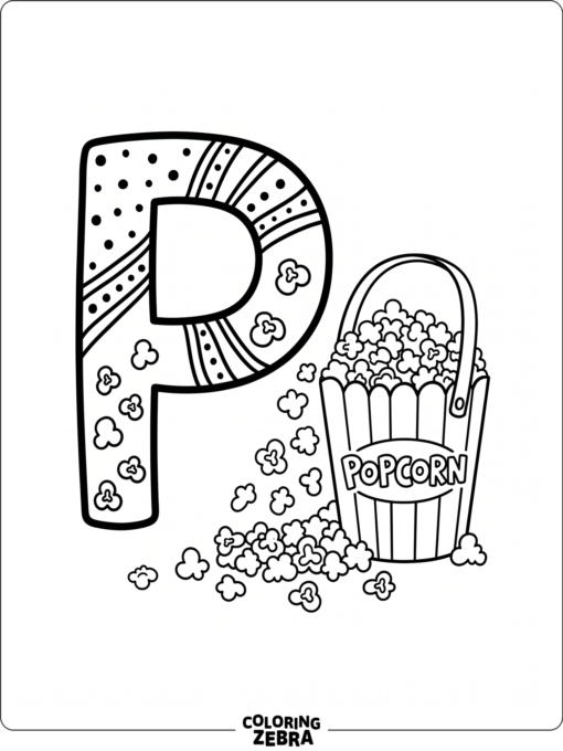 A letter P with a popcorn bucket and kernels