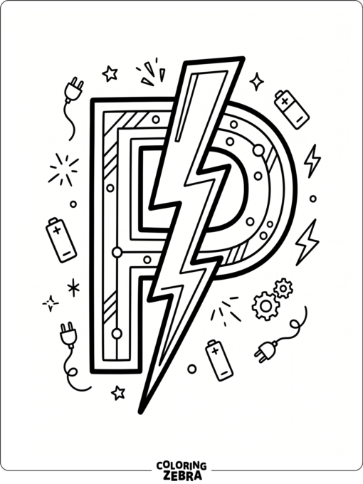 A letter P with a lightning bolt and symbols