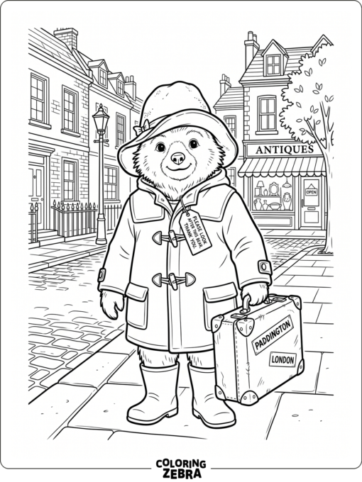 Paddington Bear stands with a suitcase and hat