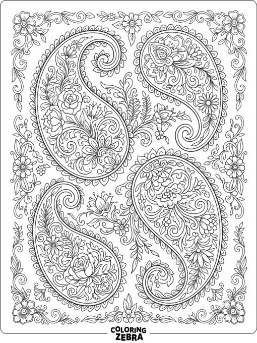 A paisley pattern filled with curling flowers and leaves