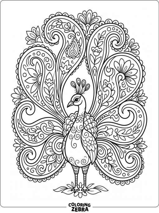 A peacock tail made of paisley shapes and flowers