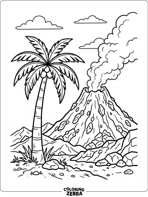A tall palm tree stands near a volcano with curling smoke and lava rocks