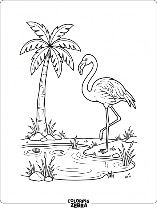 A flamingo standing beside a palm tree