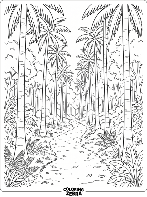 Palm trees line a forest path with ferns and open sky