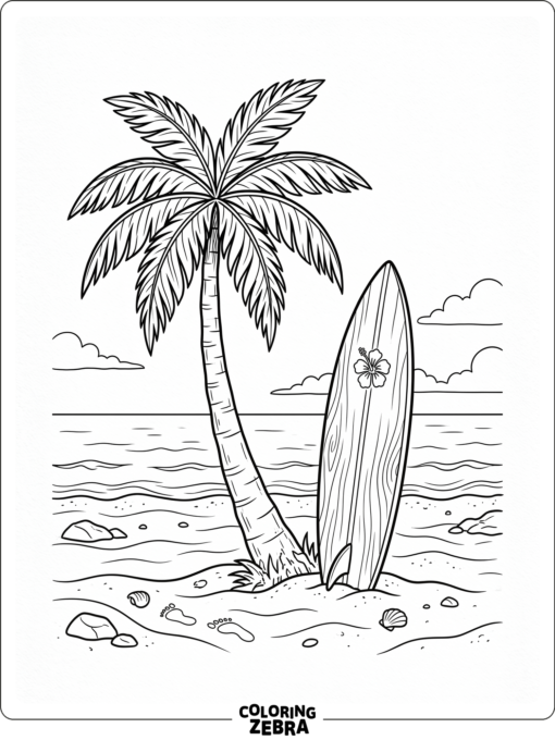 A surfboard leaning near a palm tree