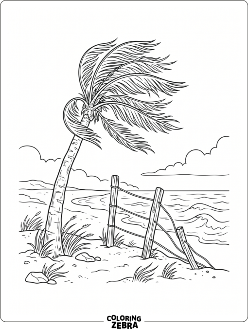 A palm tree swaying beside a bent fence in the wind
