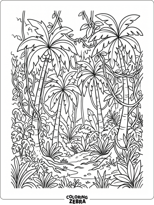 A palm tree grows in a jungle clearing with vines and broad leaves