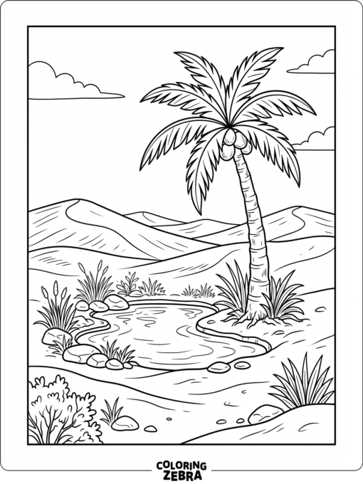 A palm tree growing beside a desert oasis