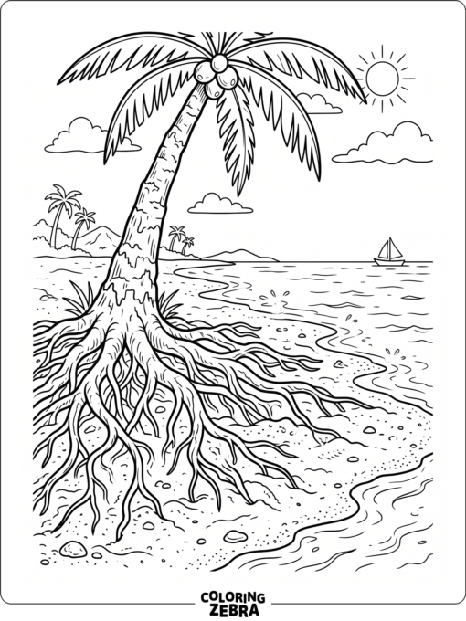 A palm tree with roots spreading across sandy ground near water