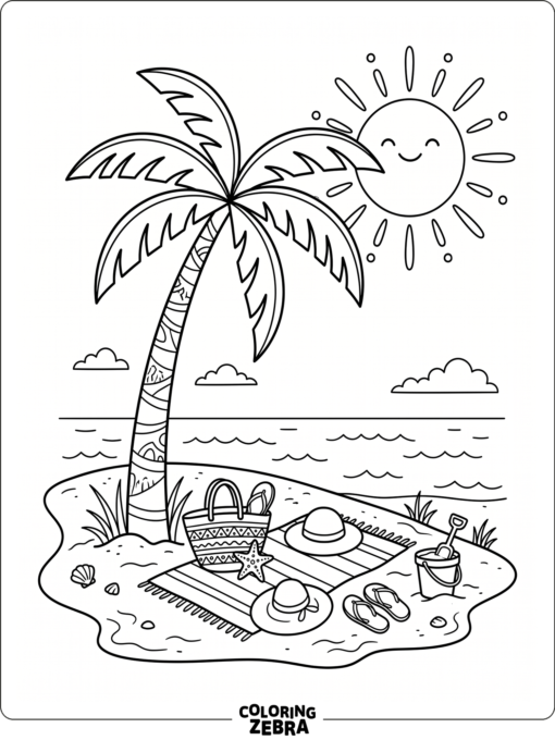 A lone palm tree beside beach gear under a bright sun