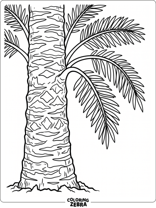 A close-up of a palm tree trunk with a few fronds