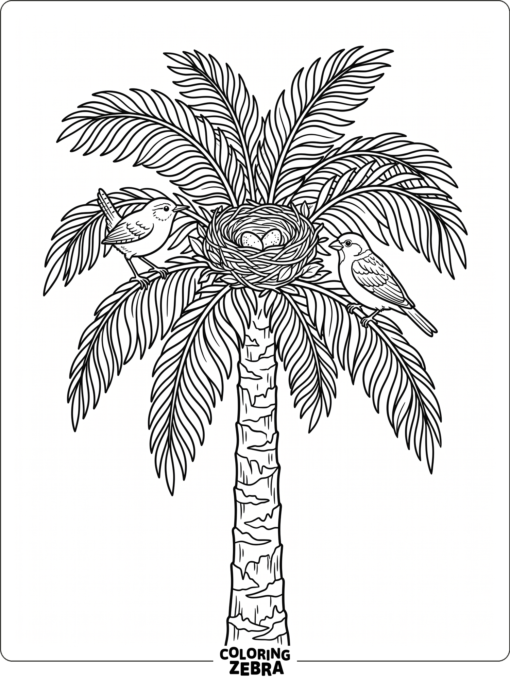 A palm tree with birds perched on the fronds and a nest