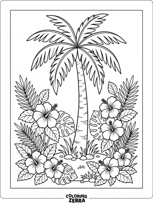 A palm tree surrounded by hibiscus flowers and leaves