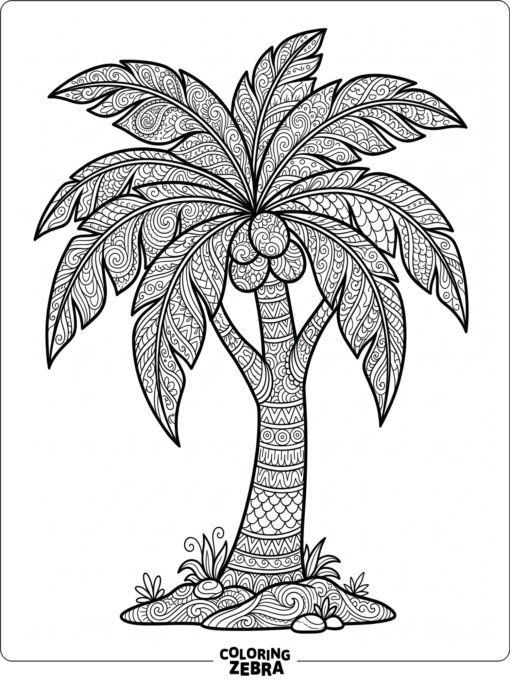 A palm tree filled with swirling zentangle patterns