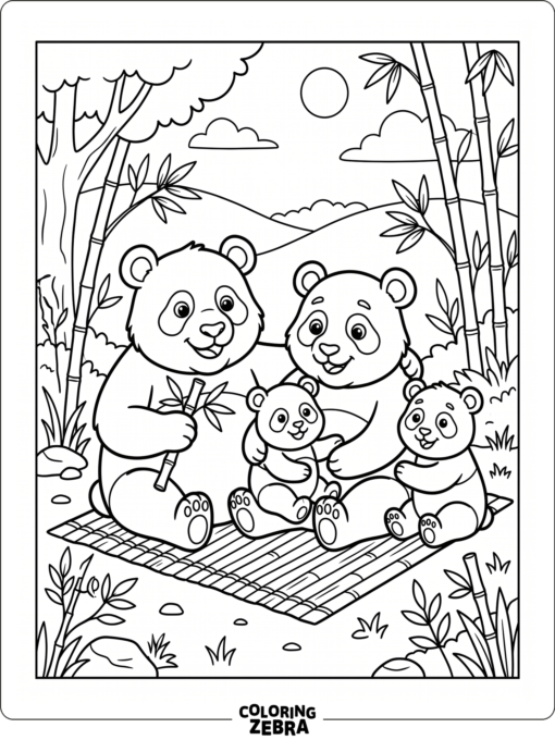 A panda family sits together on a bamboo mat