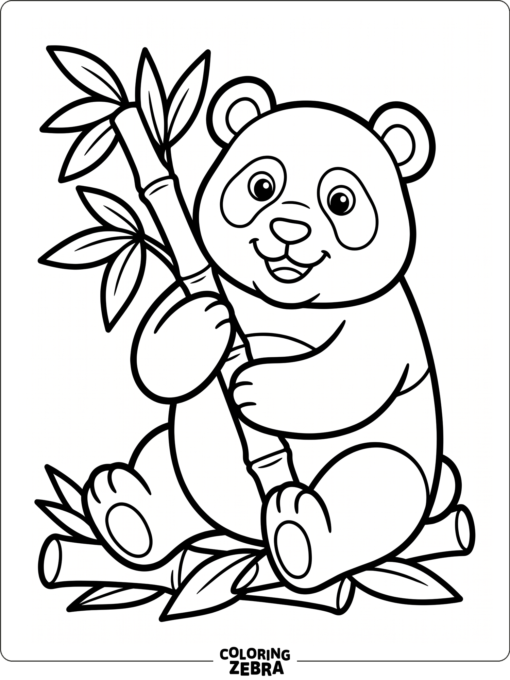 A panda holds bamboo with bold outlines for kids