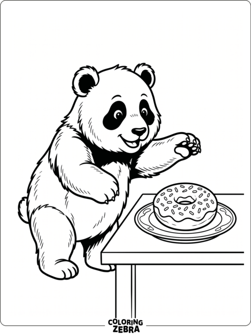 A panda reaching for a sprinkled donut on a plate