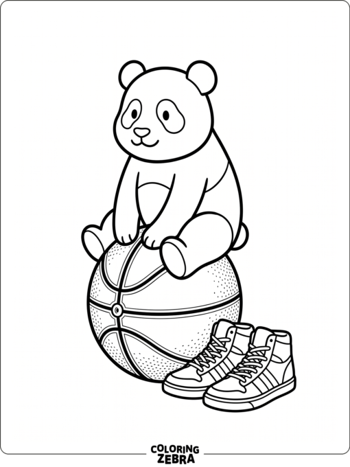 A panda sitting on a basketball with sneakers