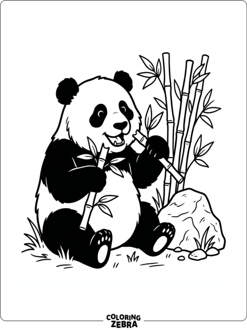 A panda eating bamboo stalks beside a rock