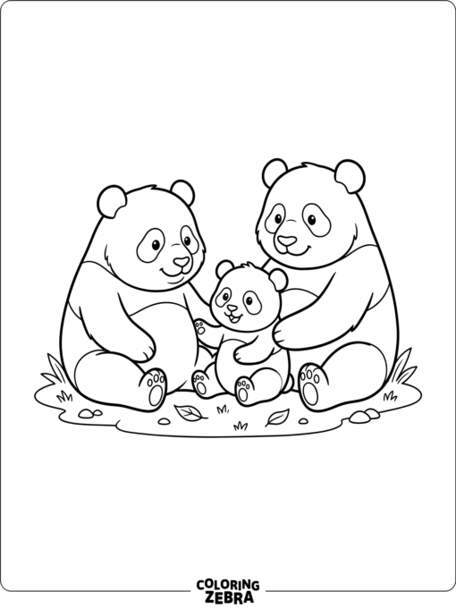 A panda family sits together with a cub