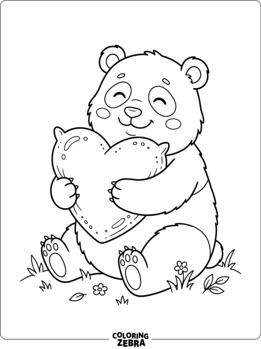 A panda hugging a heart-shaped pillow